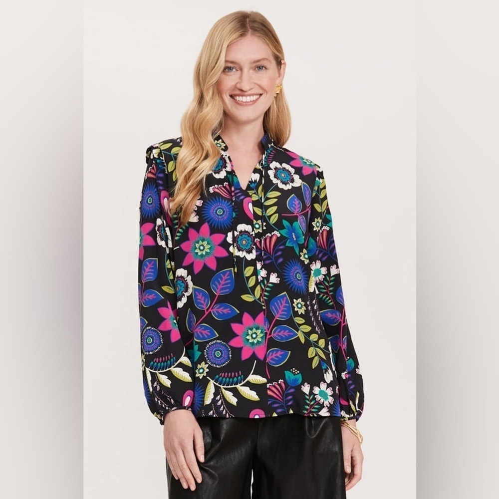 Tyler Boe Vibrant Floral Print Maggie Silk Long sleeve Blouse |Size Medium|